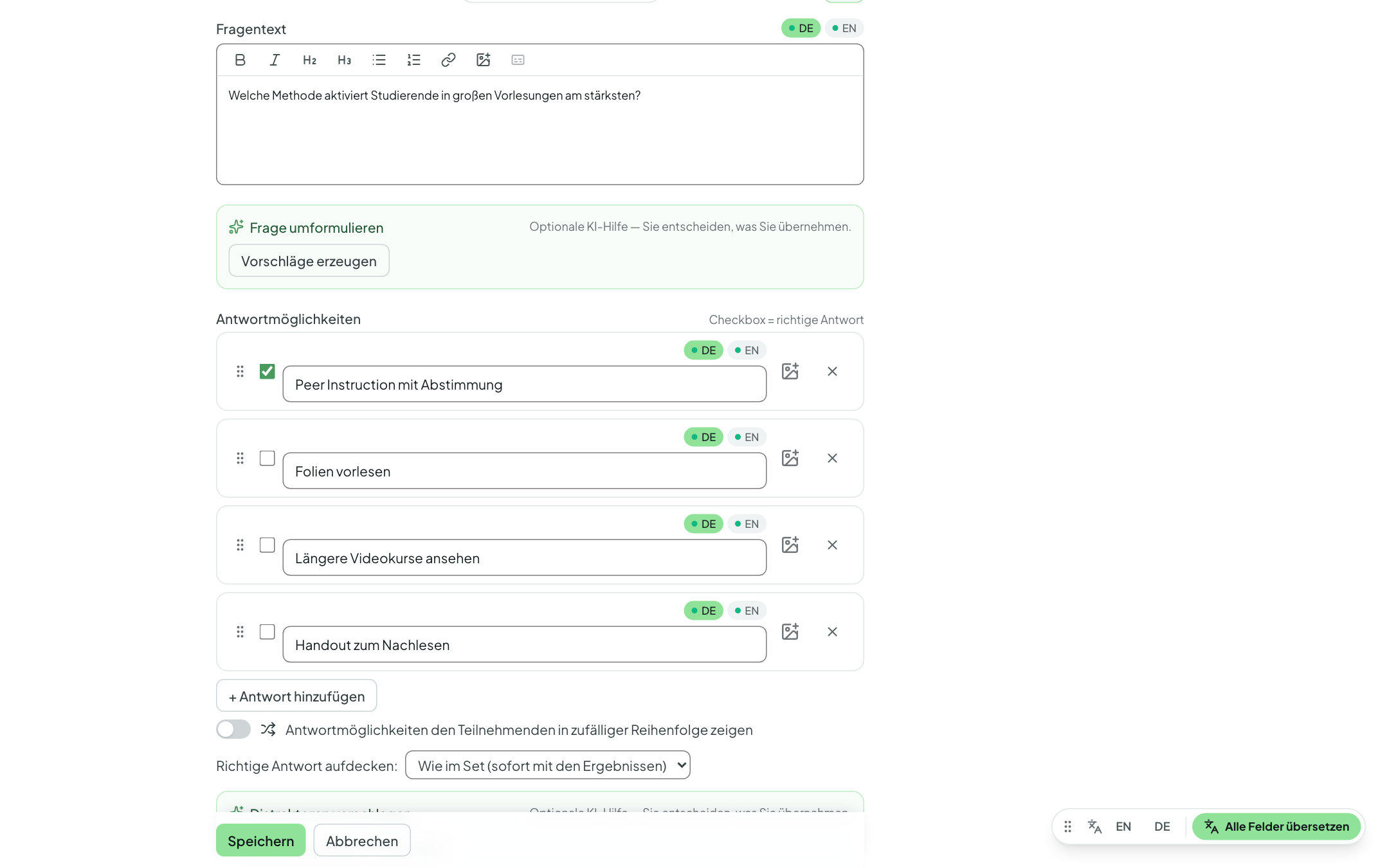 Editor einer Einzelauswahl-Frage: Fragetext mit Sprach-Reitern, KI-Umformulieren, vier Antworten mit Markierung der richtigen Antwort