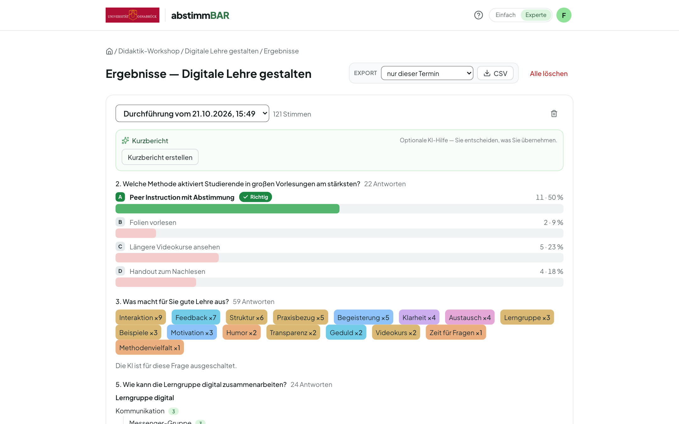 Ergebnisseite mit Auswahl der Durchführung, Kurzbericht und CSV-Export