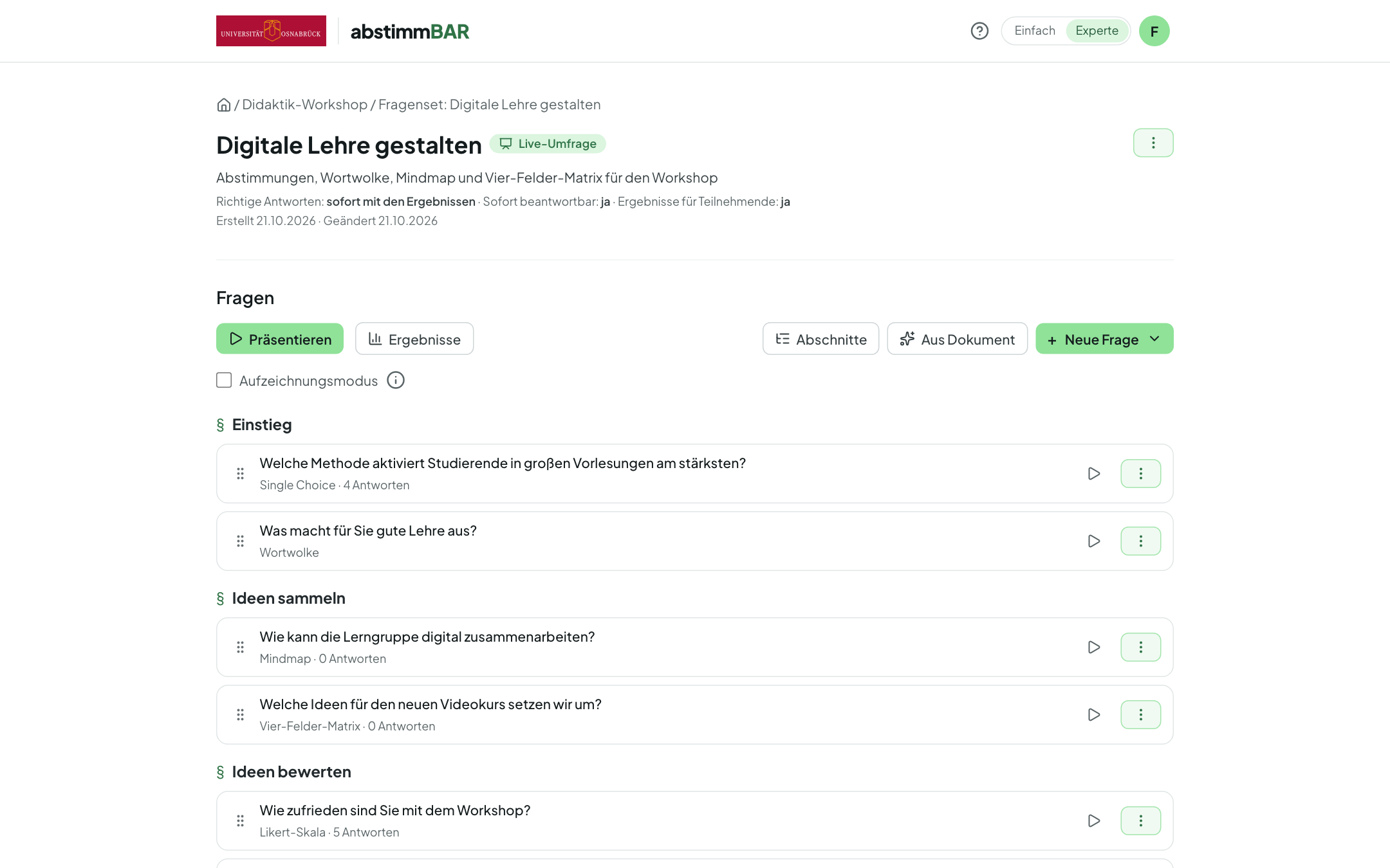 Fragenset mit Abschnitten Einstieg, Ideen sammeln und Ideen bewerten