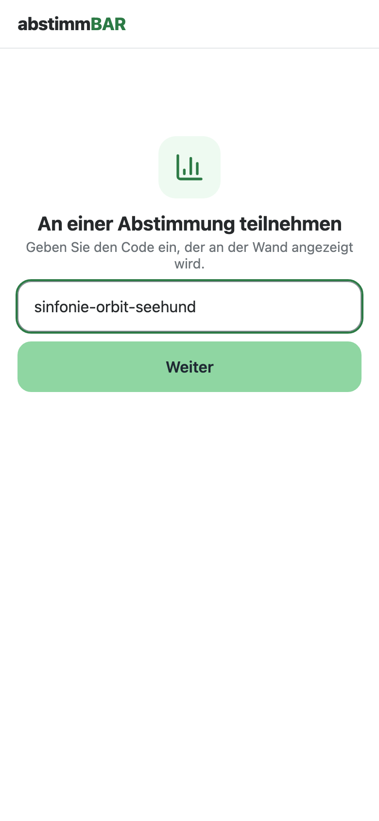 Teilnahmeseite auf dem Smartphone: Raumcode eingeben