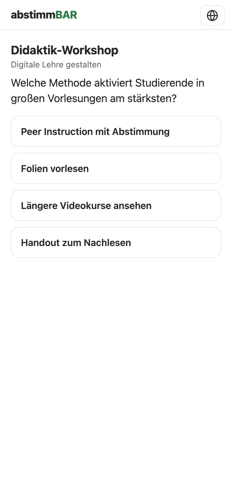 Teilnahmeseite auf dem Smartphone: eine Frage beantworten