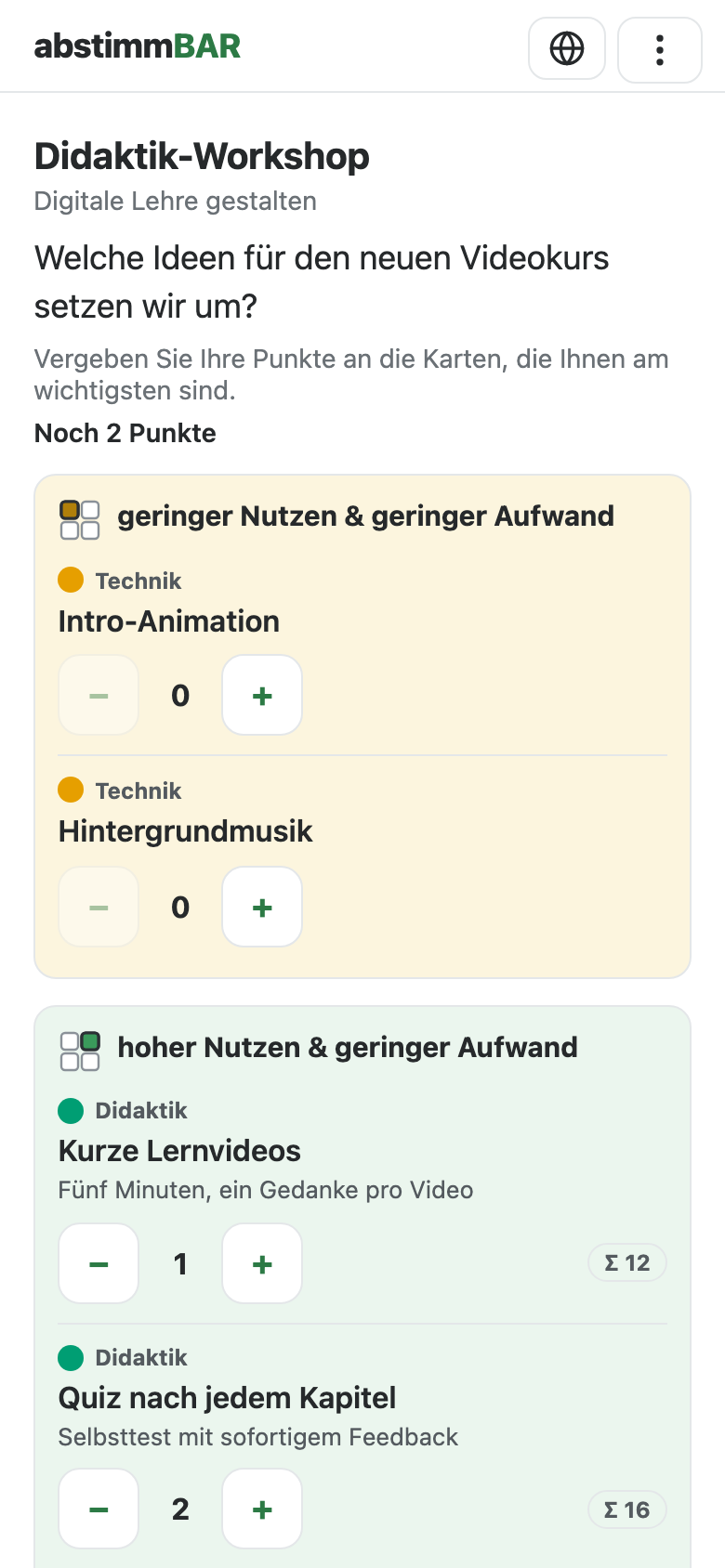 Bewertungsliste auf dem Smartphone: Karten nach Feld gruppiert, Plus- und Minus-Knöpfe, „Noch 2 Punkte“