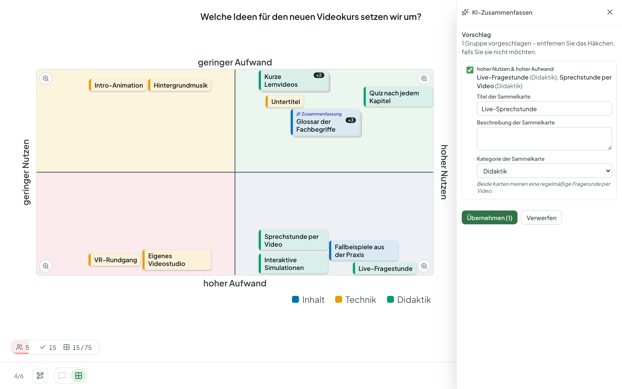 KI-Panel neben der Matrix mit einem Vorschlag für eine Sammelkarte