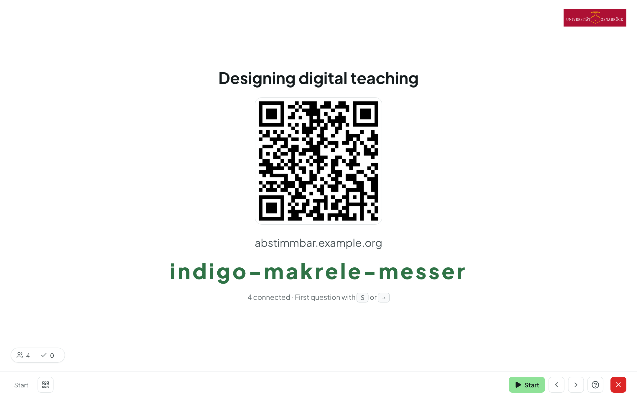 Projector join screen with the set title, QR code, address, room code and the number of connected participants