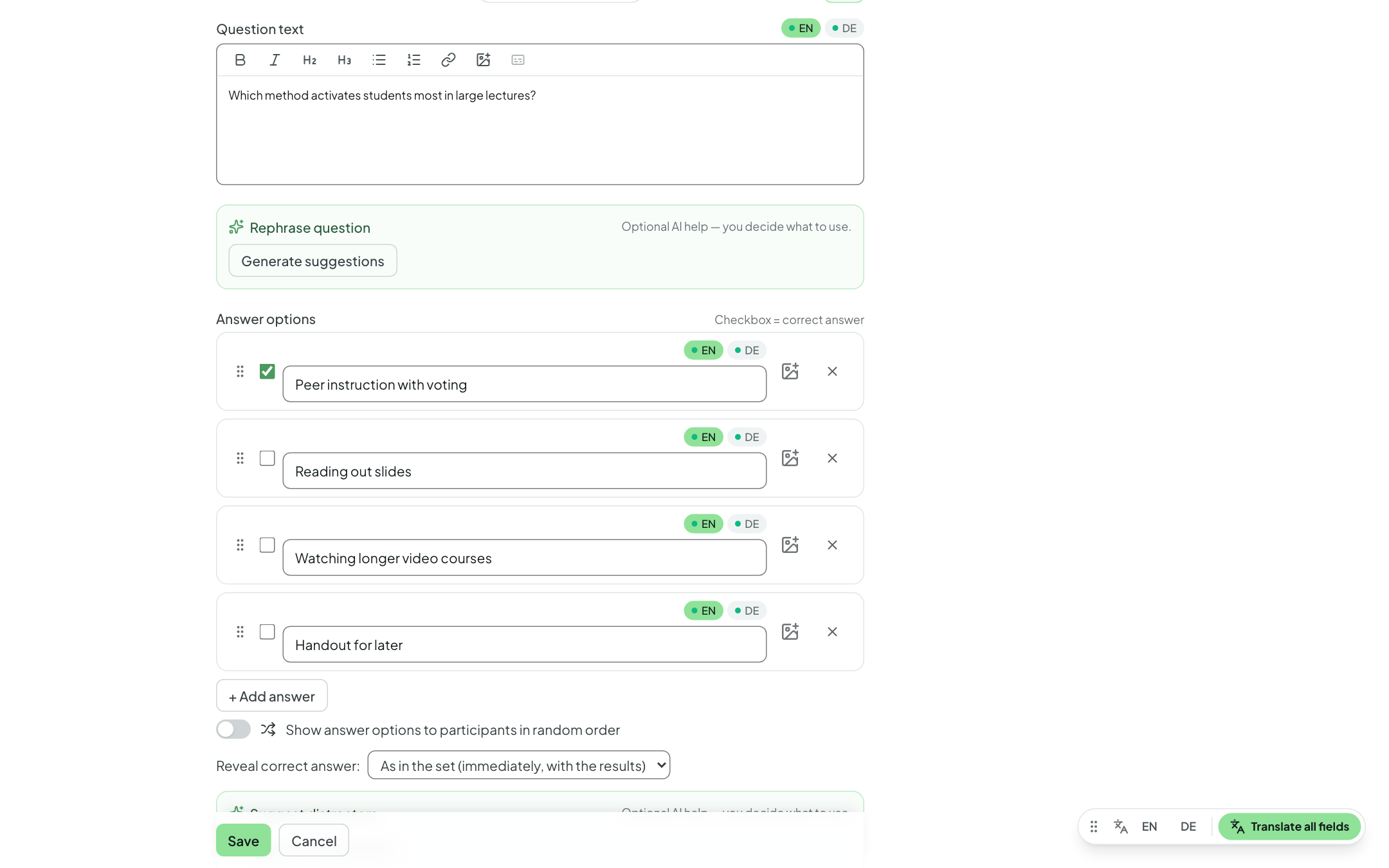 Editor of a single-choice question: question text with language tabs, AI rephrasing, four answers with the correct answer marked