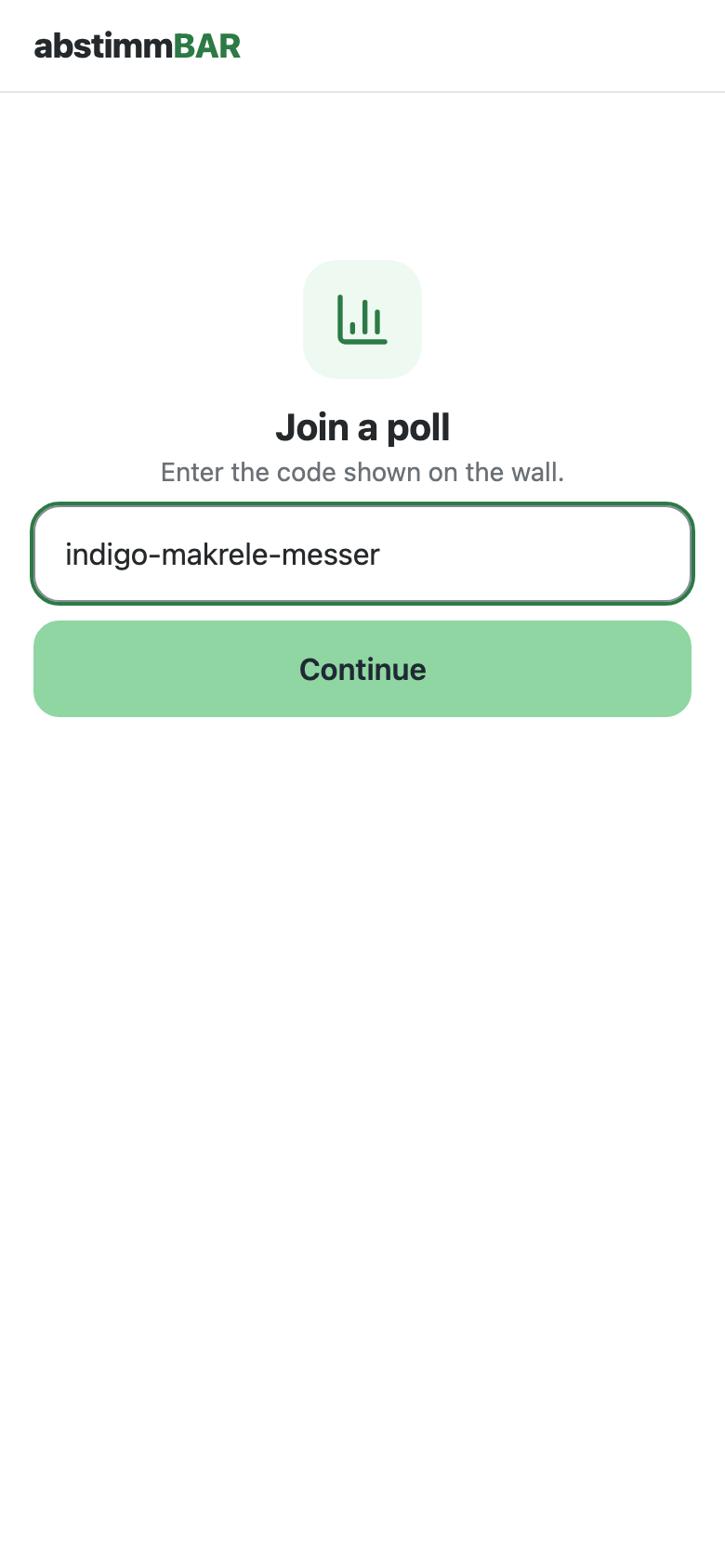 Participant page on a smartphone: entering the room code
