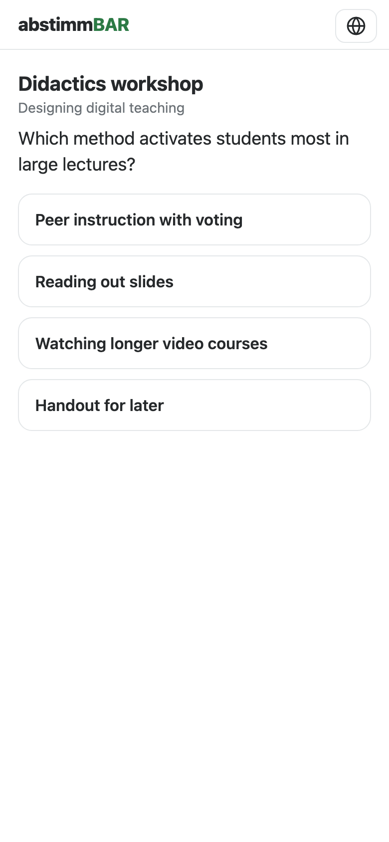 Participant page on a smartphone: answering a question