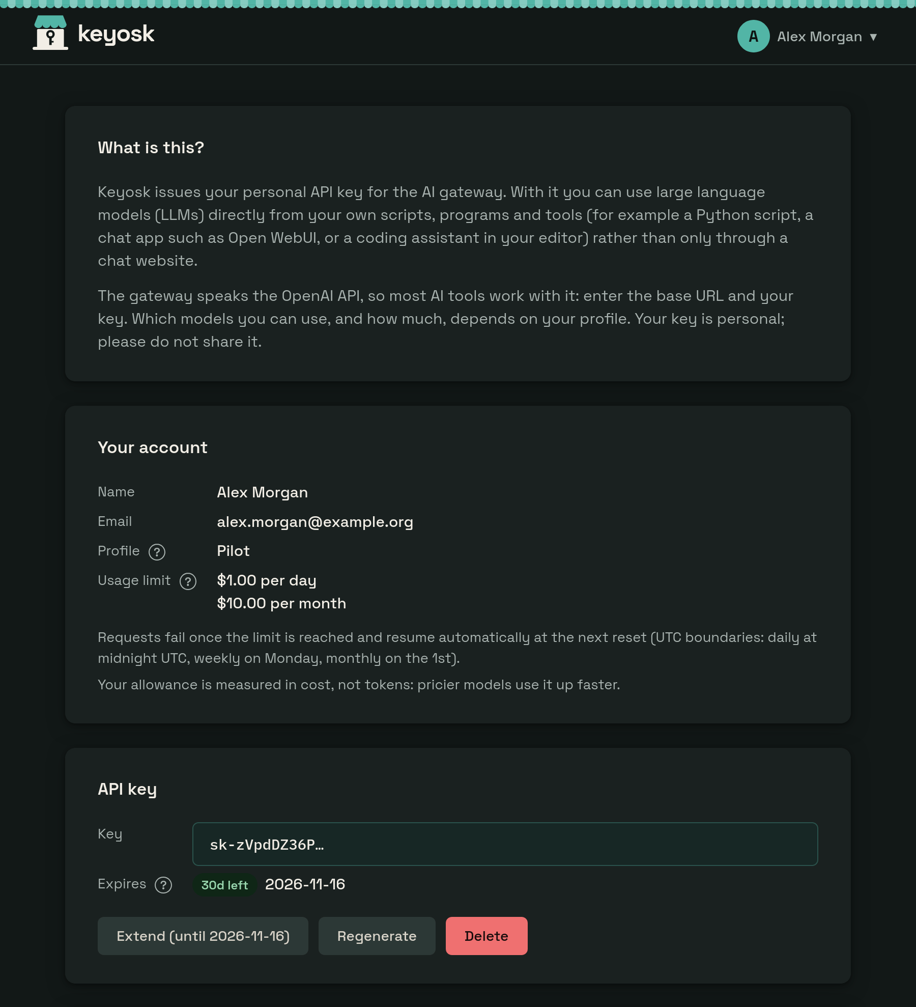 The dashboard after login: the person's account with their profile and usage limit, and their API key with its expiry and buttons to extend, regenerate or delete it