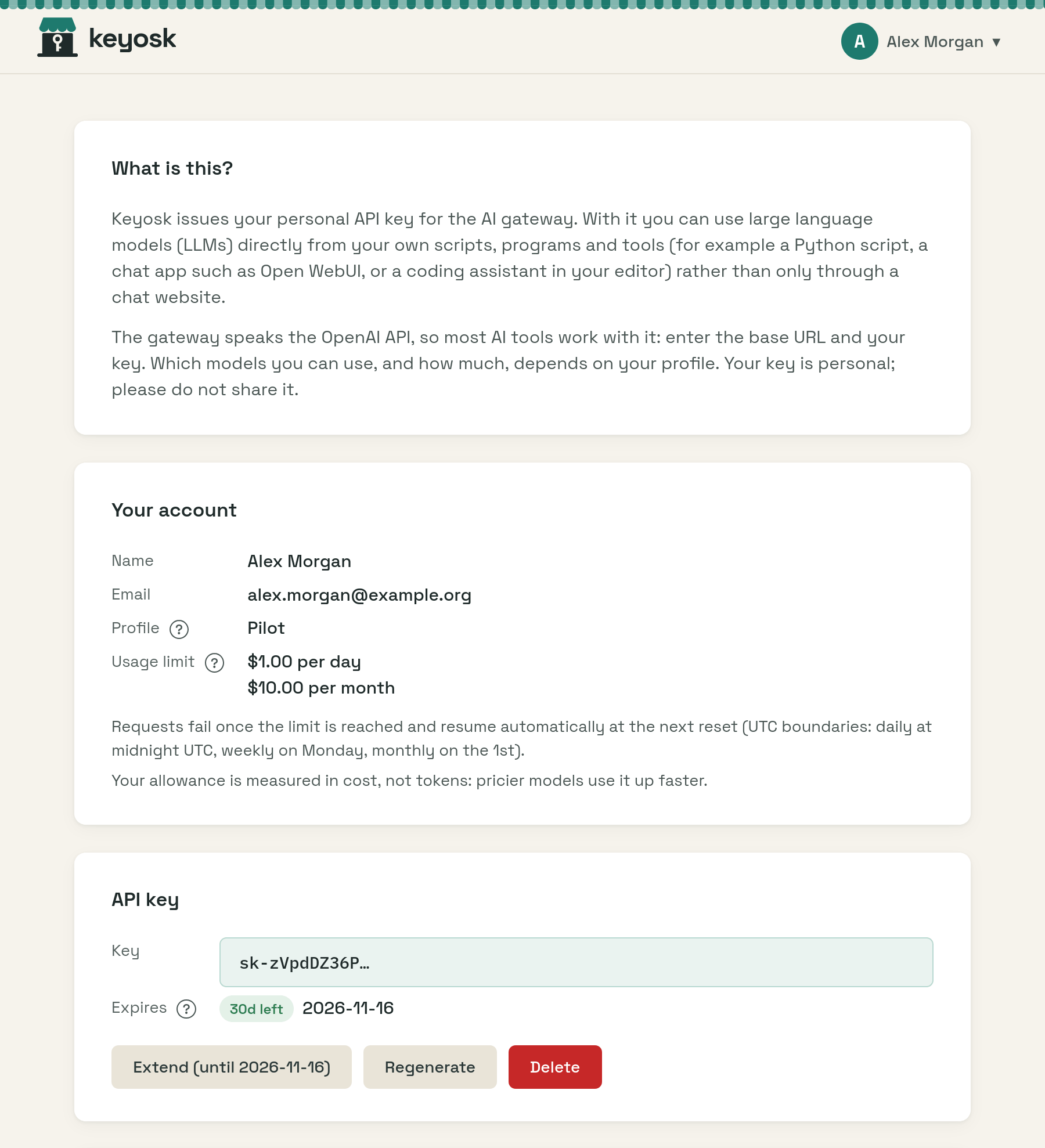 The dashboard after login: the person's account with their profile and usage limit, and their API key with its expiry and buttons to extend, regenerate or delete it