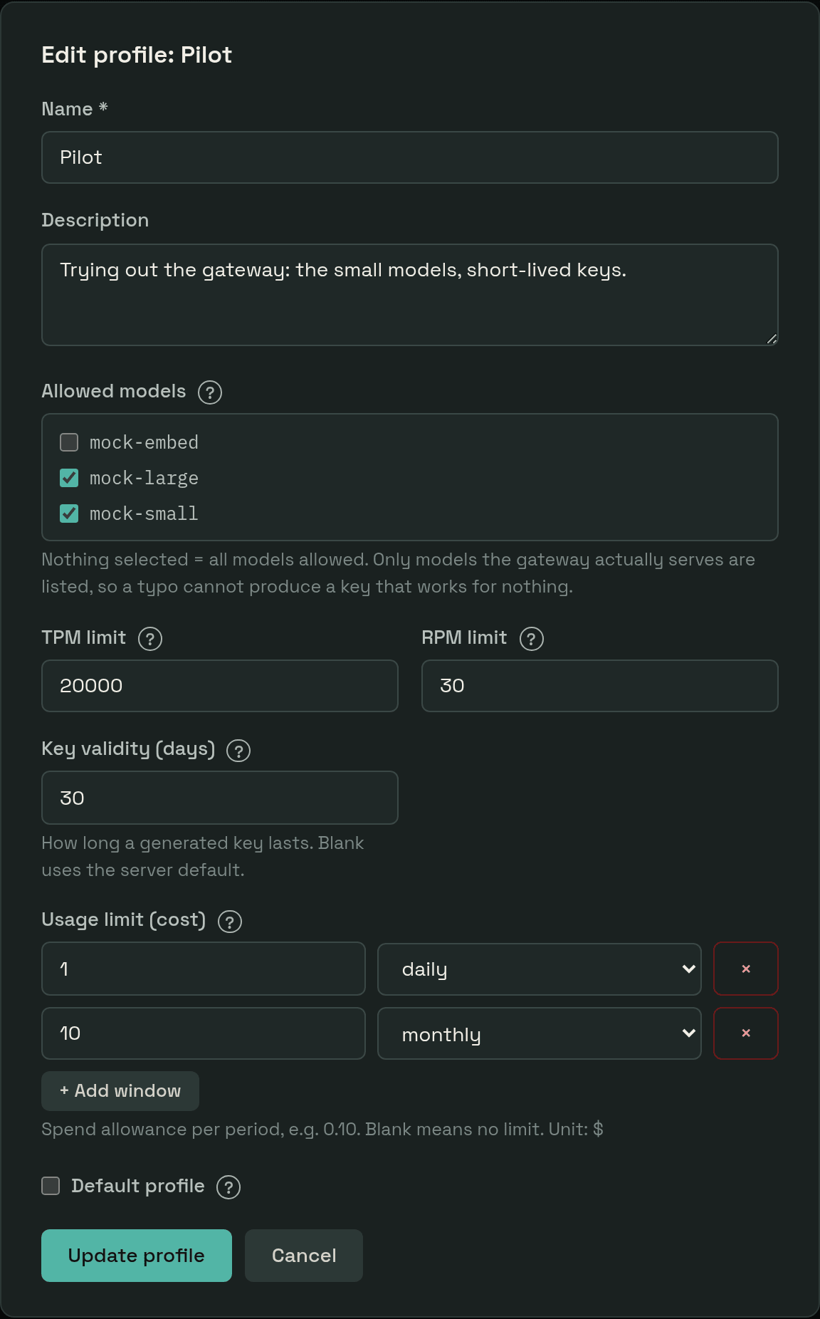 The profile dialog: name, description, a checkbox for each model the gateway serves, TPM and RPM limits, key validity in days, a daily and a monthly usage limit, and whether it is the default profile