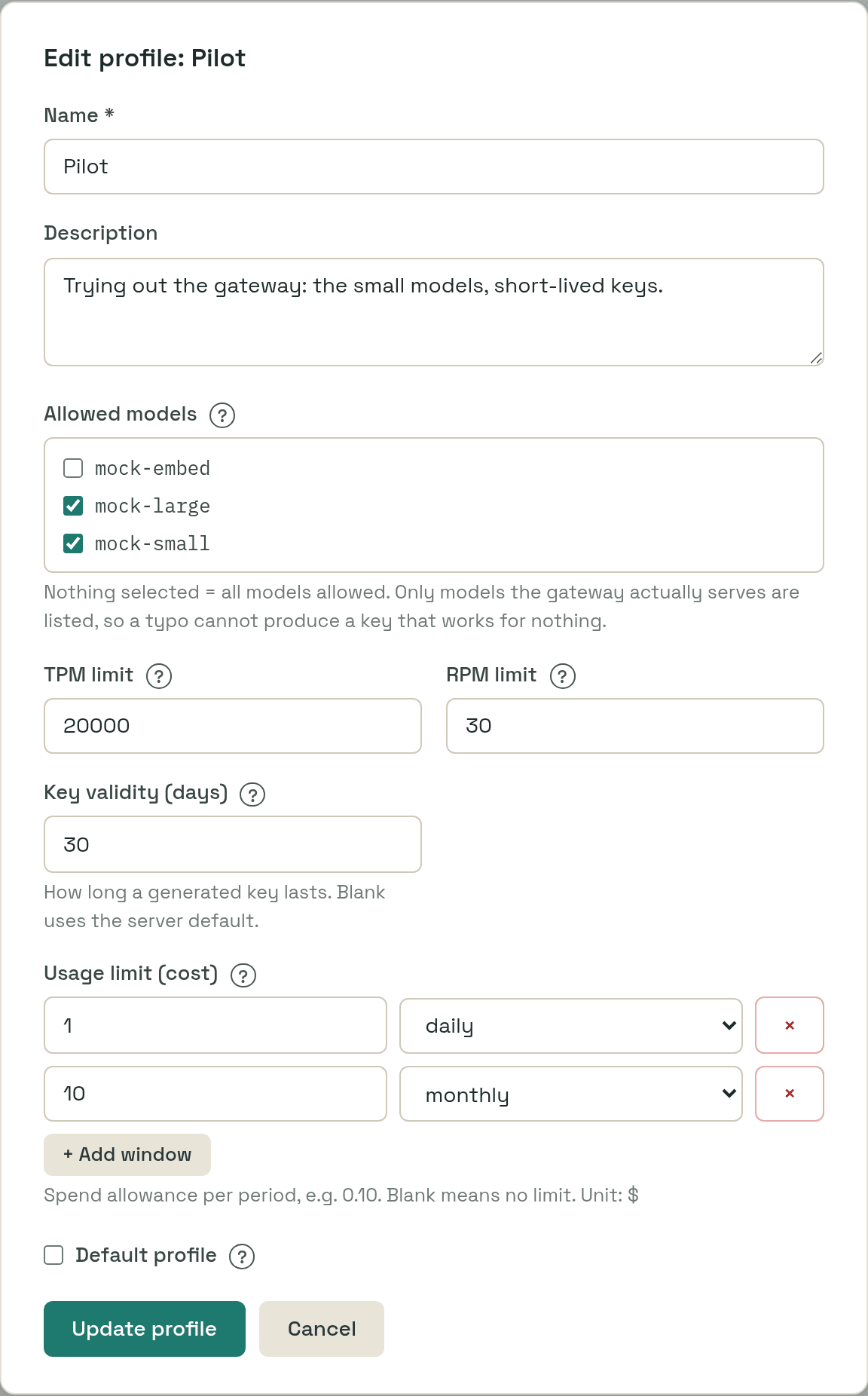The profile dialog: name, description, a checkbox for each model the gateway serves, TPM and RPM limits, key validity in days, a daily and a monthly usage limit, and whether it is the default profile