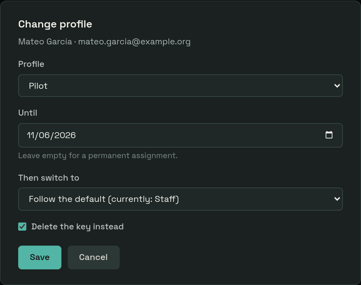 The assignment dialog: a profile, an end date, the profile to switch to afterwards, and a checkbox to delete the key instead