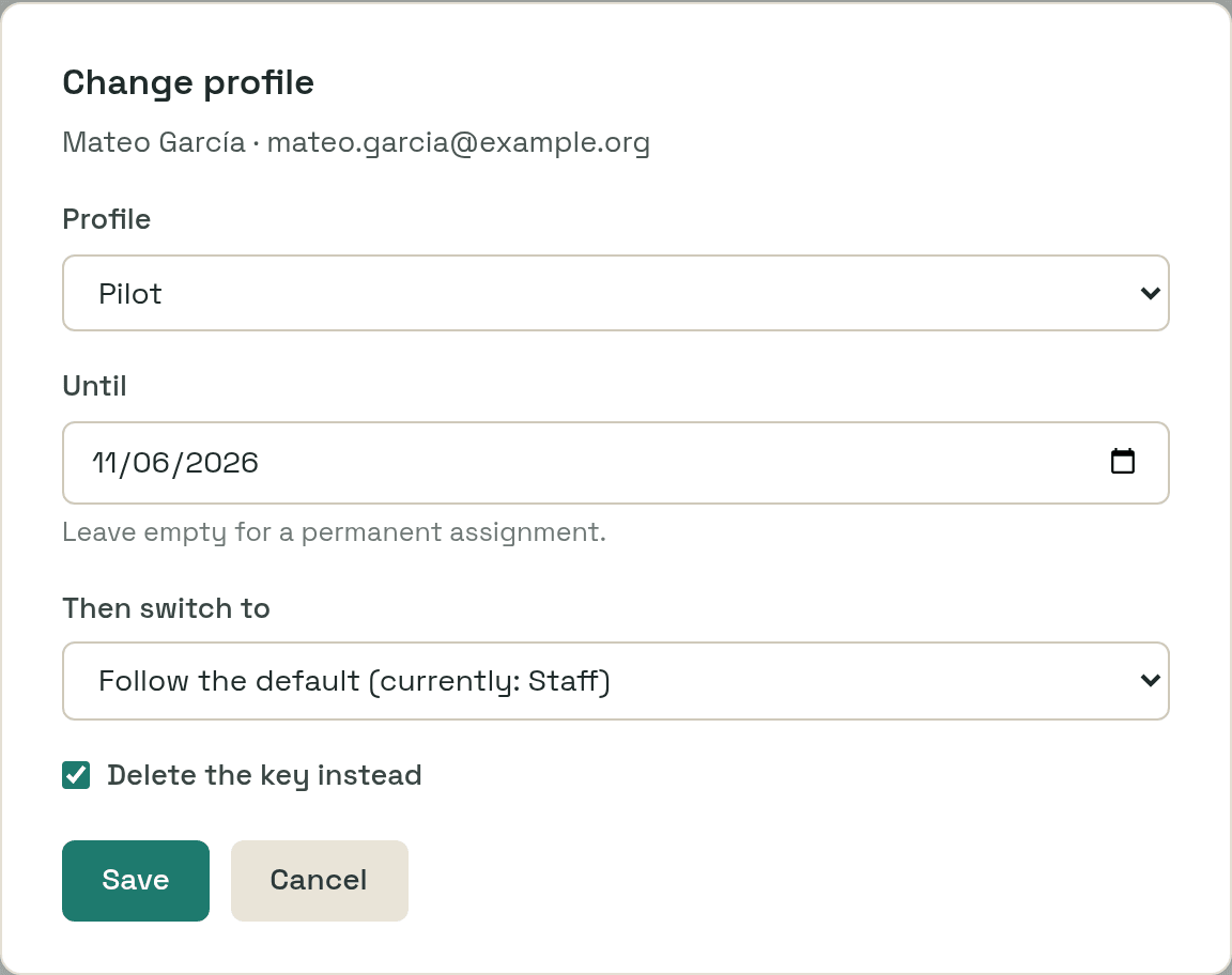 The assignment dialog: a profile, an end date, the profile to switch to afterwards, and a checkbox to delete the key instead